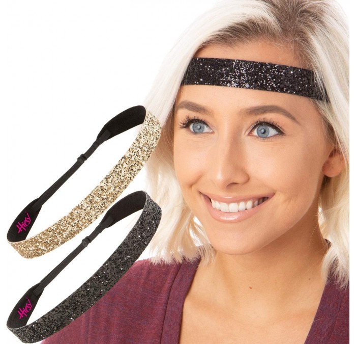 Headbands Women's Adjustable NO Slip Wide Bling Glitter Headband - 2pk Wide Black & Gold Bling Glitter - C318AKT95QU $9.27
