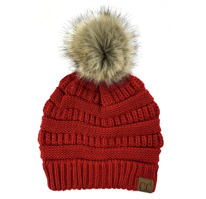 Skullies & Beanies Soft Stretch Cable Knit Ribbed Faux Fur Pom Pom Beanie Hat - Red - CR12JSM8S15 $28.60