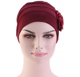 Skullies & Beanies Chemo Turban Flower Beanie Cap Pleated Hair Loss Hat for Cancer - Wine - CQ18QI725EC $10.96