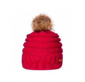 Skullies & Beanies Womens Winter Warm Ribbed Beanie Hat with Brim- Girls Knit Visor Pom Pom Ski Cap - Red - CI18AQXDHQY $22.23