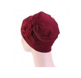 Skullies & Beanies Chemo Turban Flower Beanie Cap Pleated Hair Loss Hat for Cancer - Wine - CQ18QI725EC $10.96