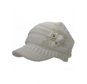Skullies & Beanies Warm Cable Ribbed Knit Beanie Hat w/Visor Brim - Chunky Winter Skully Cap - Flower White - CB18A6TAUK5 $9.14