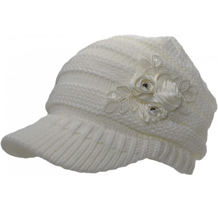 Skullies & Beanies Warm Cable Ribbed Knit Beanie Hat w/Visor Brim - Chunky Winter Skully Cap - Flower White - CB18A6TAUK5 $9.14