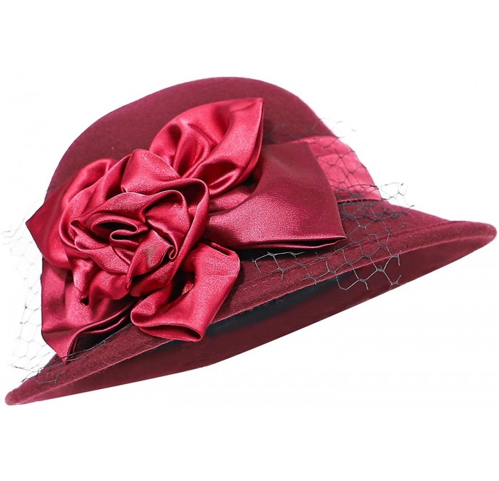 Bucket Hats Women Solid Color Winter Hat 100% Wool Cloche Bucket with Bow Accent - Style3_ Burgundy - CZ18YYKKUMN $38.83