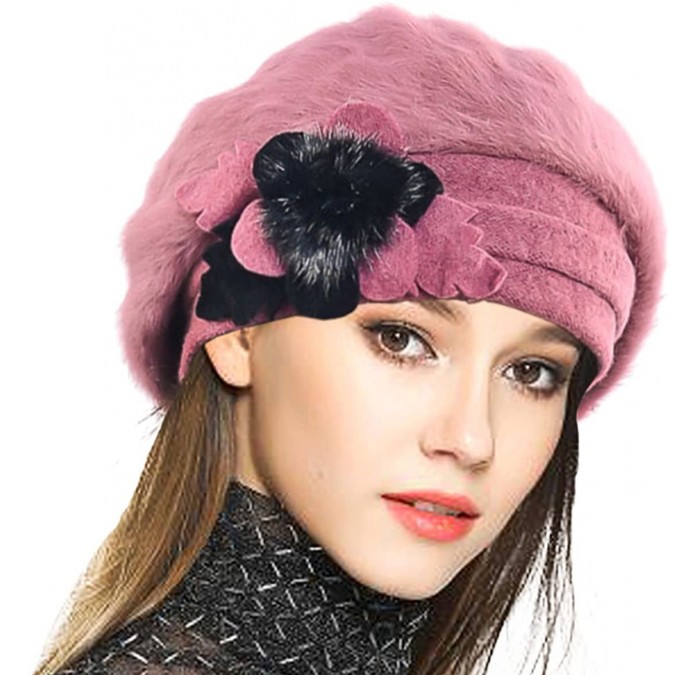 Berets Lady French Beret 100% Wool Beret Floral Dress Beanie Winter Hat - Angola-ipink - CL187I3IWTT $14.15