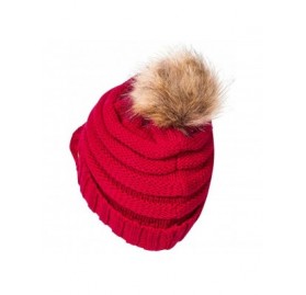 Skullies & Beanies Womens Winter Warm Ribbed Beanie Hat with Brim- Girls Knit Visor Pom Pom Ski Cap - Red - CI18AQXDHQY $27.41