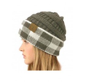 Skullies & Beanies Winter Fall Trendy Chunky Stretchy Cable Knit Beanie Hat - Buffalo Plaid Dk. Melange Gray/White - CN18YTC3...