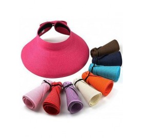 Visors Women's Summer Foldable Straw Sun Visor w/Cute Bowtie UPF 50+ Packable Wide Brim Roll-Up Visor Beach Hat - Blue - C518...