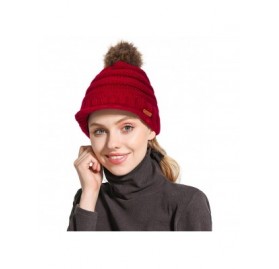 Skullies & Beanies Womens Winter Warm Ribbed Beanie Hat with Brim- Girls Knit Visor Pom Pom Ski Cap - Red - CI18AQXDHQY $27.41