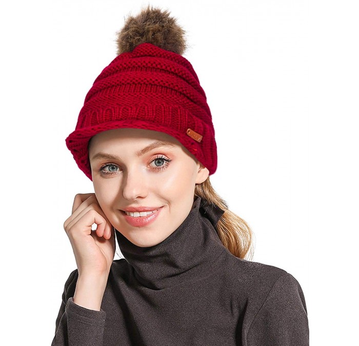 Womens Winter Warm Ribbed Beanie Hat with Brim- Girls Knit Visor Pom ...