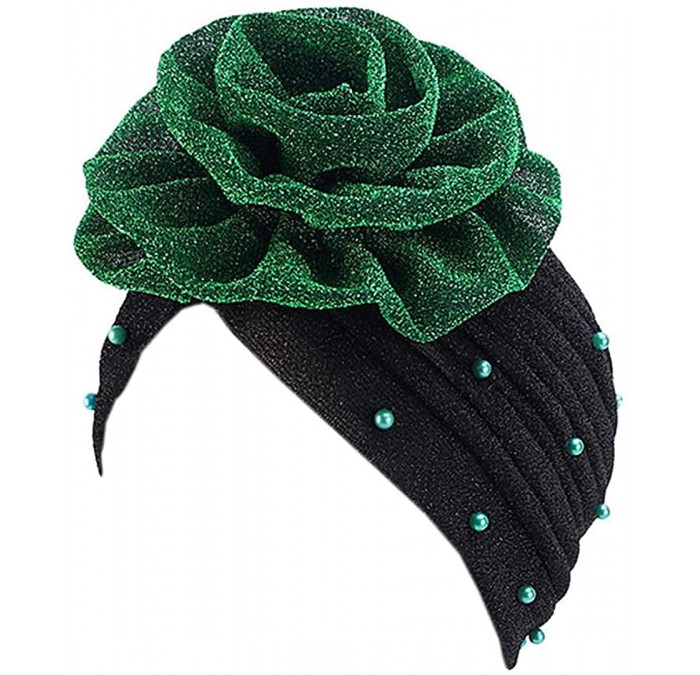 Skullies & Beanies Shiny Flower Turban Shimmer Chemo Cap Hairwrap Headwear Beanie Hair Scarf - Green&black - CA194CS6K3D $10.12