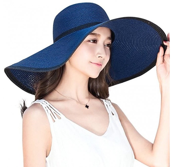 Sun Hats Womens Floppy Summer Sun Beach Straw Hats Wide Brim Panama Beachwear - Navy - CJ17YULRXNH $40.21