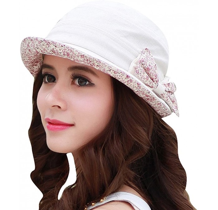 Sun Hats Women's Foldable Floral Bucket Hat Rolled Brim with Bowknot - Creamy White - C7182RXHXZN $28.05
