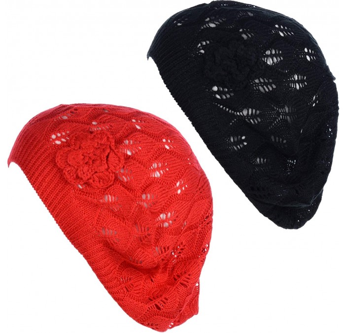 Berets Open Weave Womens Crochet Mesh Beanie Hat Flower Fashion Soft Knit Beret Cap - 2680bkred - CE194WA79RS $33.13