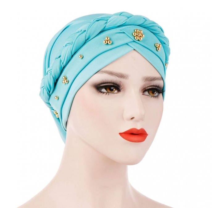 Skullies & Beanies Women Beaded Braid India Hats Muslim Cancer Chemo Beanie Turban Wrap Cap - Sky Blue - CT18T9QR7SE $20.03
