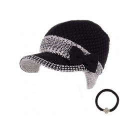Skullies & Beanies Women's Winter Cable Knitted Beret Visor Beanie Hat with Scrunchy. - Bowknot-black - CQ12NB7M8SX $17.60
