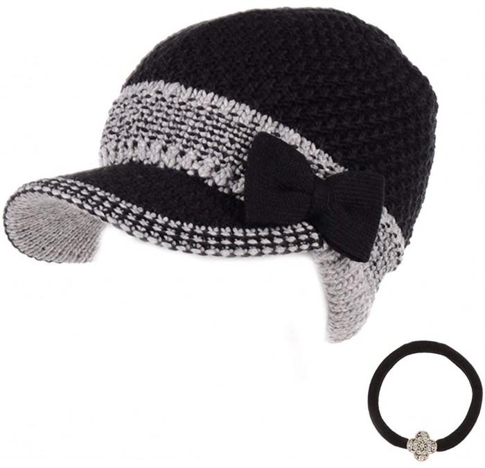 Skullies & Beanies Women's Winter Cable Knitted Beret Visor Beanie Hat with Scrunchy. - Bowknot-black - CQ12NB7M8SX $33.43