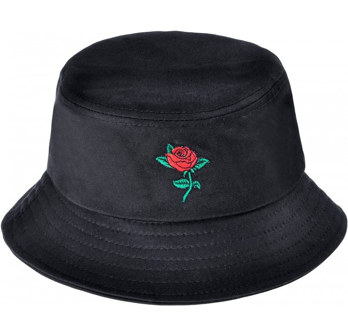 Bucket Hats Unisex Fashion Embroidered Bucket Hat Summer Fisherman Cap for Men Women - Rose Black - CO18E25A46Y $33.10