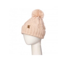 Skullies & Beanies Women Chunky Soft Strech Cable Knit Pom Pom Beanie Sherpa Fleece Lined - Indie Pink - C118KKI70L9 $12.83