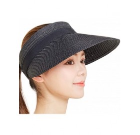 Sun Hats Women Straw Hat Wide Brim Sun Visor Beach Golf Cap Hat Summer Beach Hat - Black Straw Hat - CK18E7HTWKU $9.01