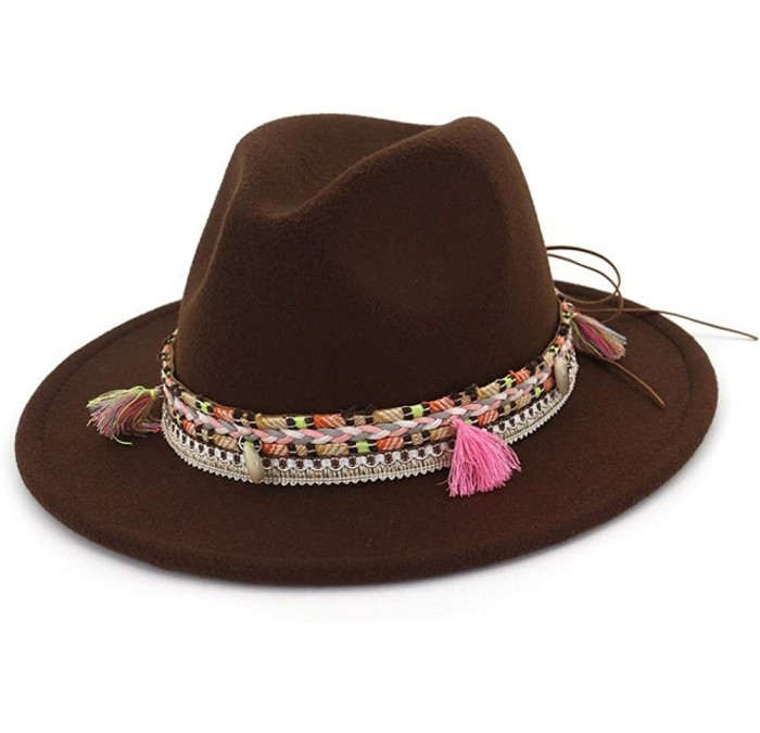 Fedoras Women's Felt Fedora Hat Wide Brim Panama Hats with Tassel - Coffee - C918TTQ8WEH $17.64