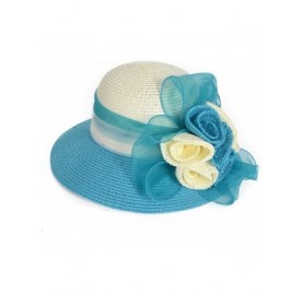 Bucket Hats Women's Straw Cloche Hat Ribbon Flower Bucket Bridal Church Derby Cap - Turquoise - CQ18C4ZAMED $43.10