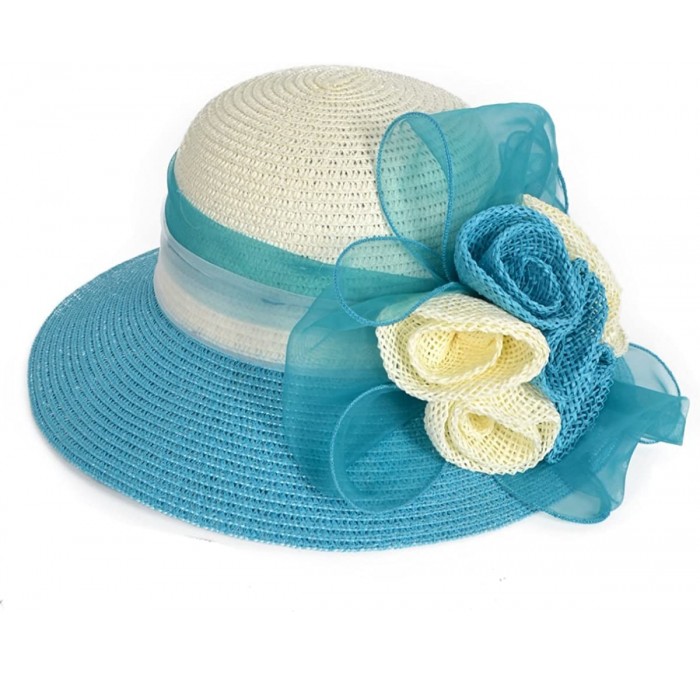 Bucket Hats Women's Straw Cloche Hat Ribbon Flower Bucket Bridal Church Derby Cap - Turquoise - CQ18C4ZAMED $24.13