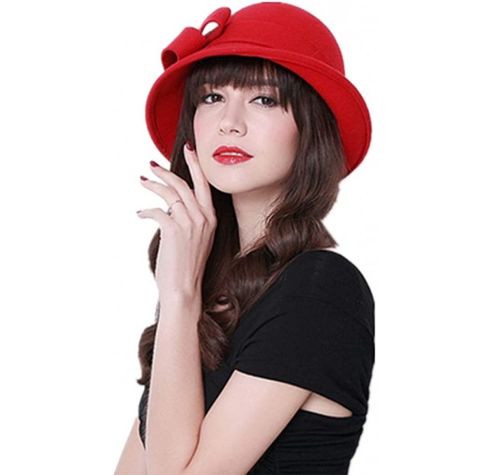 Berets Womens Bowknot 100% Wool Fall Winter Derby Hat Doom Cloche Hat - C-red - C318LGU7XEG $37.23