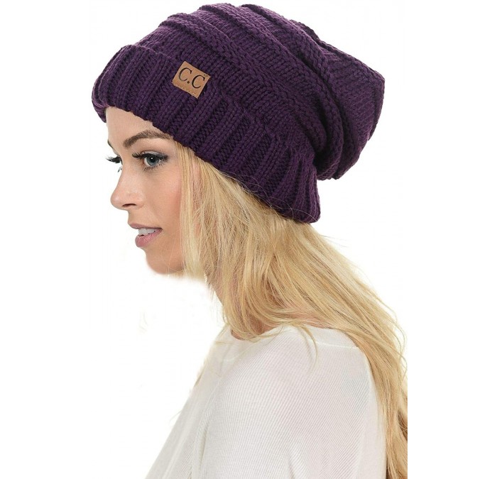 Skullies & Beanies Hat-100 Oversized Baggy Slouch Thick Warm Cap Hat Skully Cable Knit Beanie - Dark Purple - CZ18XKNH0HS $9.14