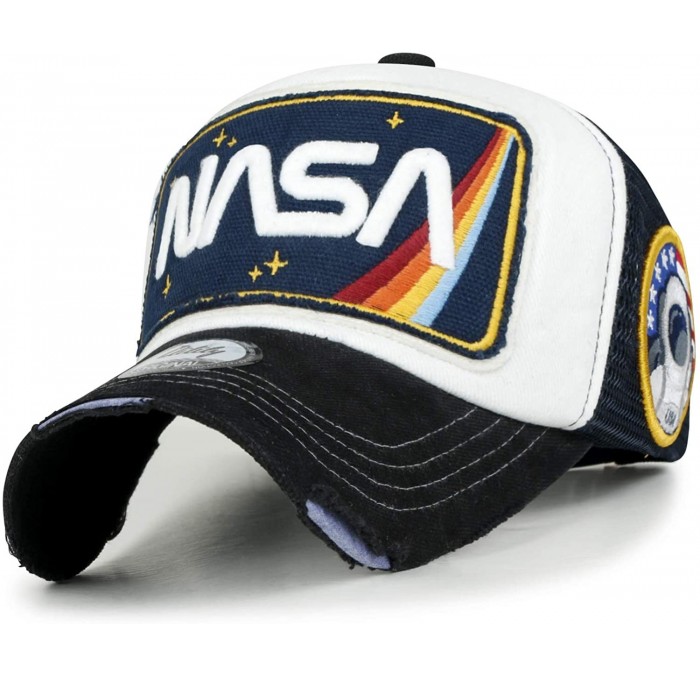 Baseball Caps NASA Worm Logo Embroidery Baseball Cap Rainbow Mesh Snap Back Trucker Hat - Black Bill - CF195AK7NHQ $27.69