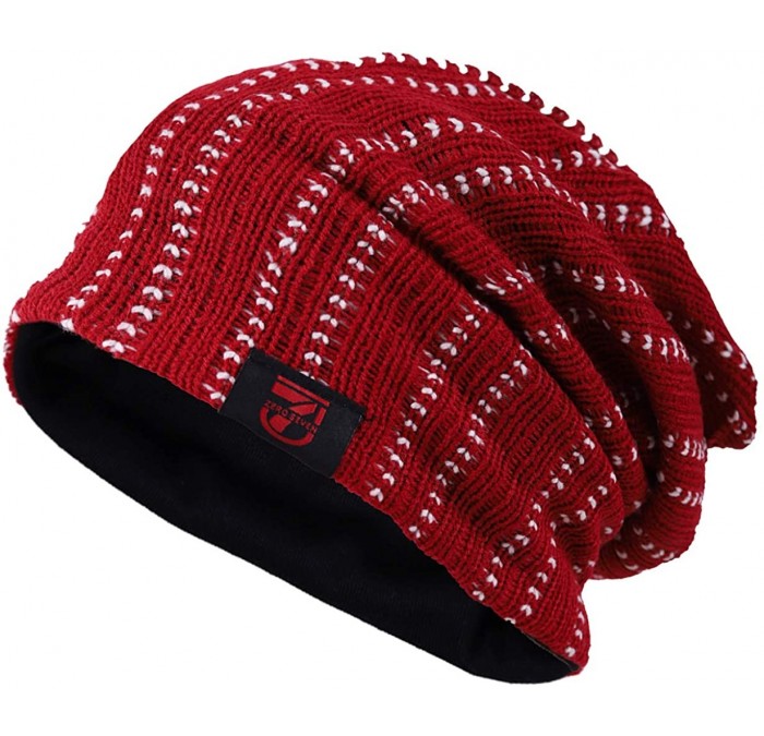 Skullies & Beanies Slouchy Knitted Baggy Beanie Hat Crochet Stripe Summer Dread Caps Oversized for Men-B318 - B5011-claret - ...