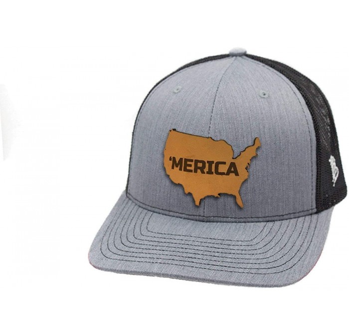 Baseball Caps USA 'The 'Merica' Leather Patch Hat Curved Trucker - Heather Grey/Black - C818IGQWH2Z $53.38