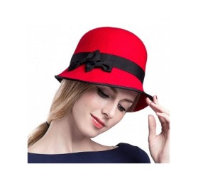 Fedoras Women Wool Bowler Fedora Hat Floppy Cloche Winter Curl Brim Bowknot Hats - Red - CU18M5CWGX6 $16.70