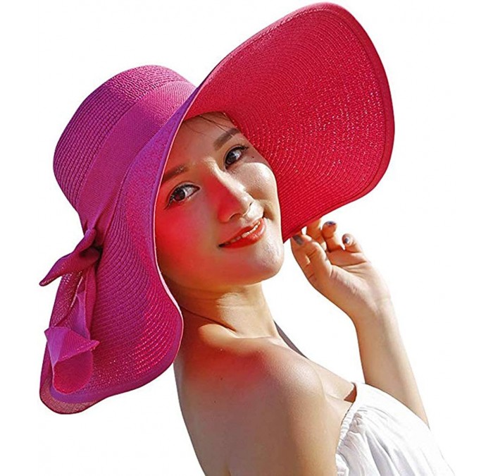 Sun Hats Women's Floppy Big Brim Hat Bowknot Straw Hat Foldable Roll up Sun Hat UPF 50+ - Rose Red - C318QC0MNWA $34.37