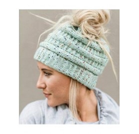 Skullies & Beanies Women Warm Stretch Cable Knit Ponytail Beanie Skully - Chunky Soft Confetti Knit Beanie Hats - Lignt Blue ...