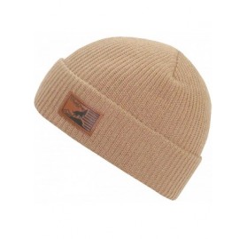 Skullies & Beanies Tread Beanie with Real Leather Patch- Multi-Season Headwear for Men and Women (One Size) - Sandstone - CU1...