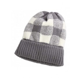 Skullies & Beanies Warm Cozy and Cute Buffalo Check Beanie Hat with Cuff Soft Acrylic - Grey/White - CS18AAIU3Q3 $13.63