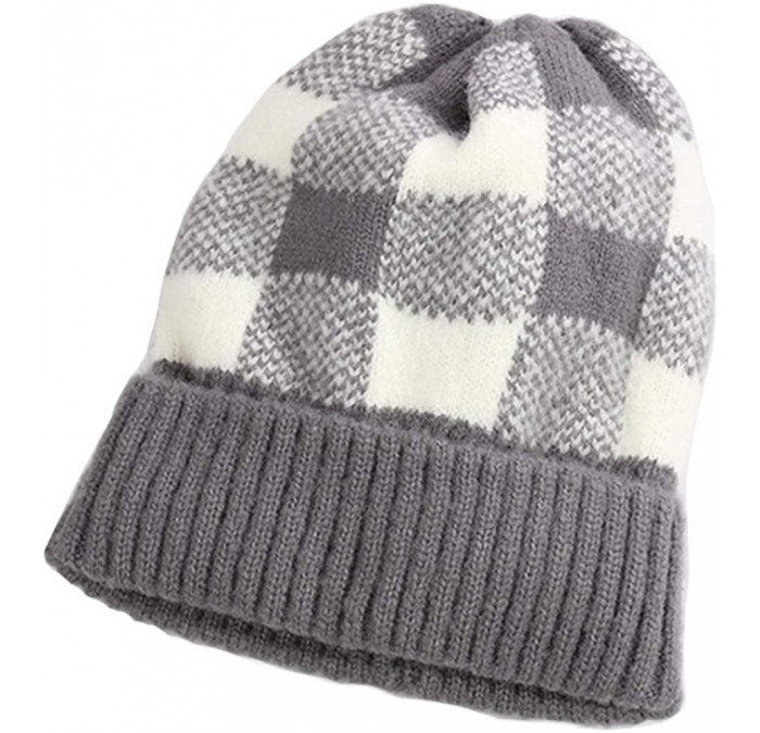 Skullies & Beanies Warm Cozy and Cute Buffalo Check Beanie Hat with Cuff Soft Acrylic - Grey/White - CS18AAIU3Q3 $13.63