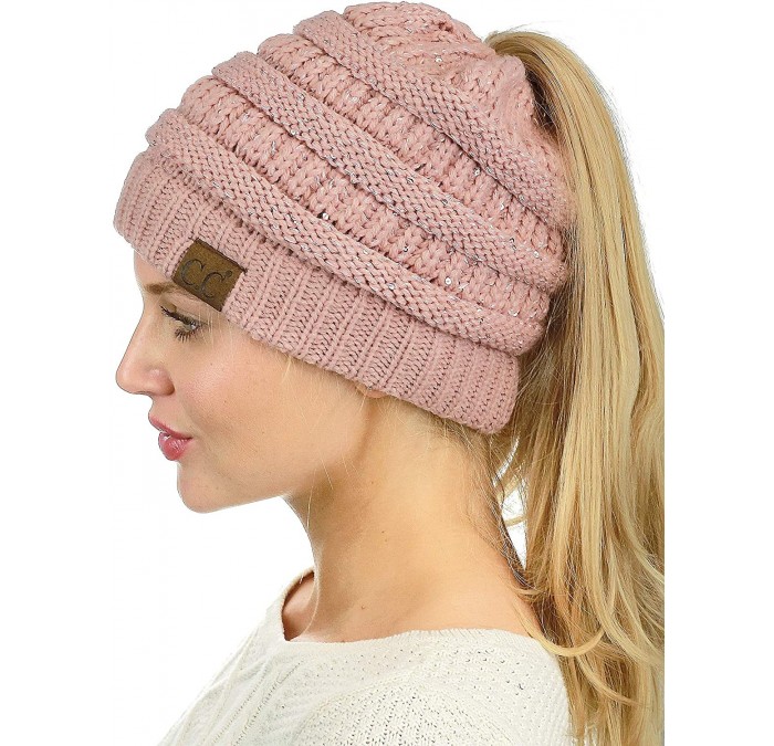 Skullies & Beanies BeanieTail Sparkly Sequin Cable Knit Messy High Bun Ponytail Beanie Hat - Indi Pink - CH18HD89CC7 $29.25