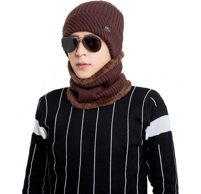 Skullies & Beanies Winter Beanie Hat Scarf Set Fleece Lining Warm Knit Hat Thick Knit Skull Cap - Brown - CC1878HKGQG $23.28