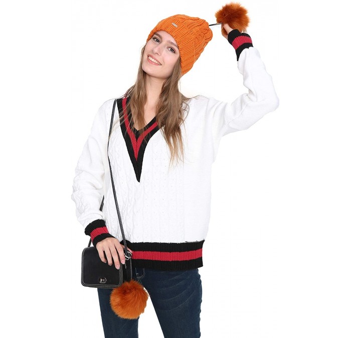 Skullies & Beanies Women Cable Knit Beanie Hat Winter Warm Pom Pom Cap Hats - Orange - CK1860LQ8Q8 $29.10