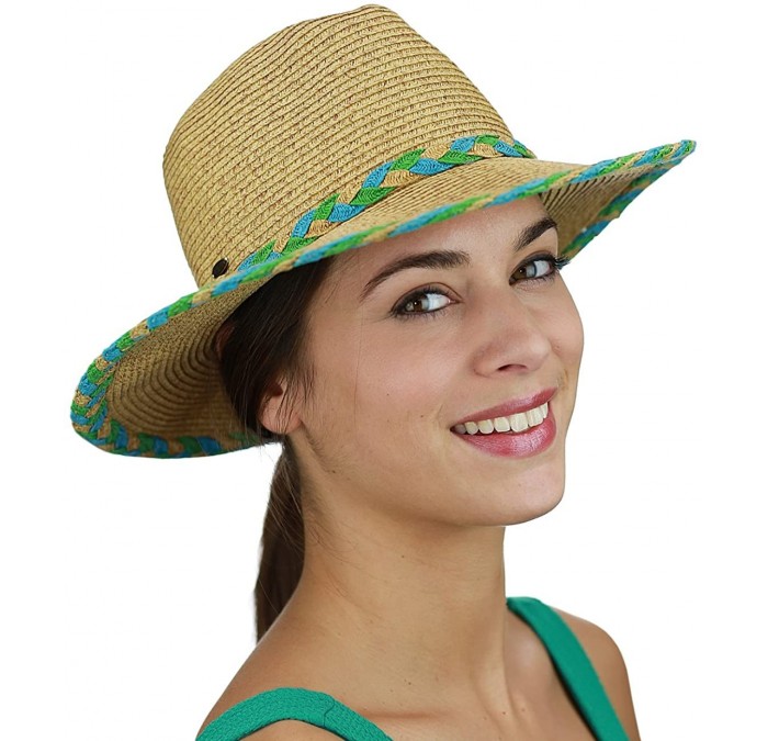 Sun Hats Two Tone Braided Trim Paper Woven Panama Fedora Summer Sun Hat - Natural/Mint - C917YQWOAN3 $8.61