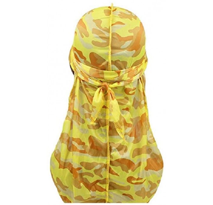 Skullies & Beanies Silky Durag for Men and Women- Star Floral Camouflage Print Long Tail Caps Headwraps Turban - Yellow - CR1...