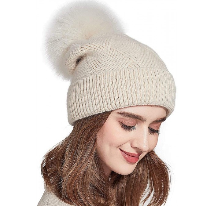 Skullies & Beanies Womens Knit Winter Beanie Hat Fur Pom Pom Cuff Warm Beanies Bobble Ski Cap - Beige+beige Fox Pom Pom - CX1...