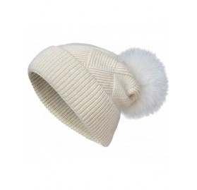 Skullies & Beanies Womens Knit Winter Beanie Hat Fur Pom Pom Cuff Warm Beanies Bobble Ski Cap - Beige+beige Fox Pom Pom - CX1...