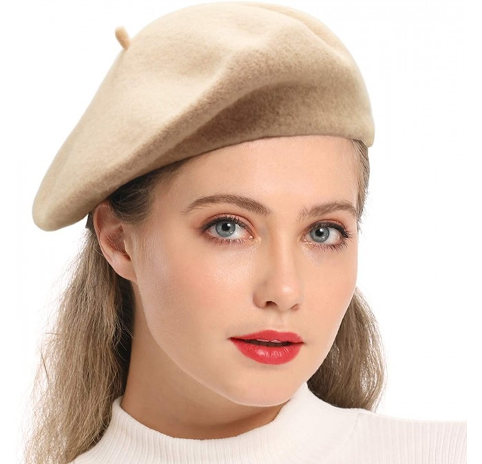 Berets Wool Beret Hat-Solid Color French Style Winter Warm Cap for Women Girls Lady - Beige - CR18C88T72C $23.45