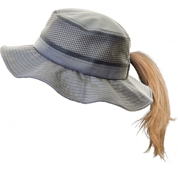 Sun Hats Ponytail Bucket Hat UPF 50+ Messy Bun Sun Hat Wide Brim Mesh Cap - Grey W/ Removable Chin Strap - CM1975UQU44 $34.67