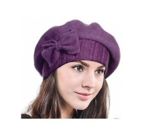 Berets Lady French Beret Wool Beret Chic Beanie Winter Hat Jf-br034 - Bow Deep Purple - CG12OCECXNS $22.47