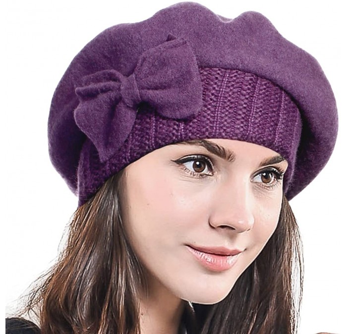 Berets Lady French Beret Wool Beret Chic Beanie Winter Hat Jf-br034 - Bow Deep Purple - CG12OCECXNS $22.47