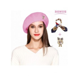 Berets Wool Beret Hat Solid Color French Artist Beret Skily Scarf Brooch - Pink - CA18CCIKD8N $9.23